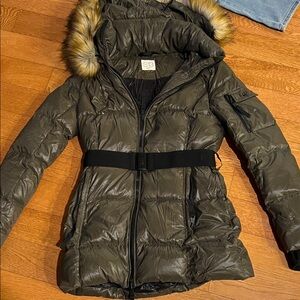 SAM. Dark Olive Puffer Jacket with Faux Fur Hood